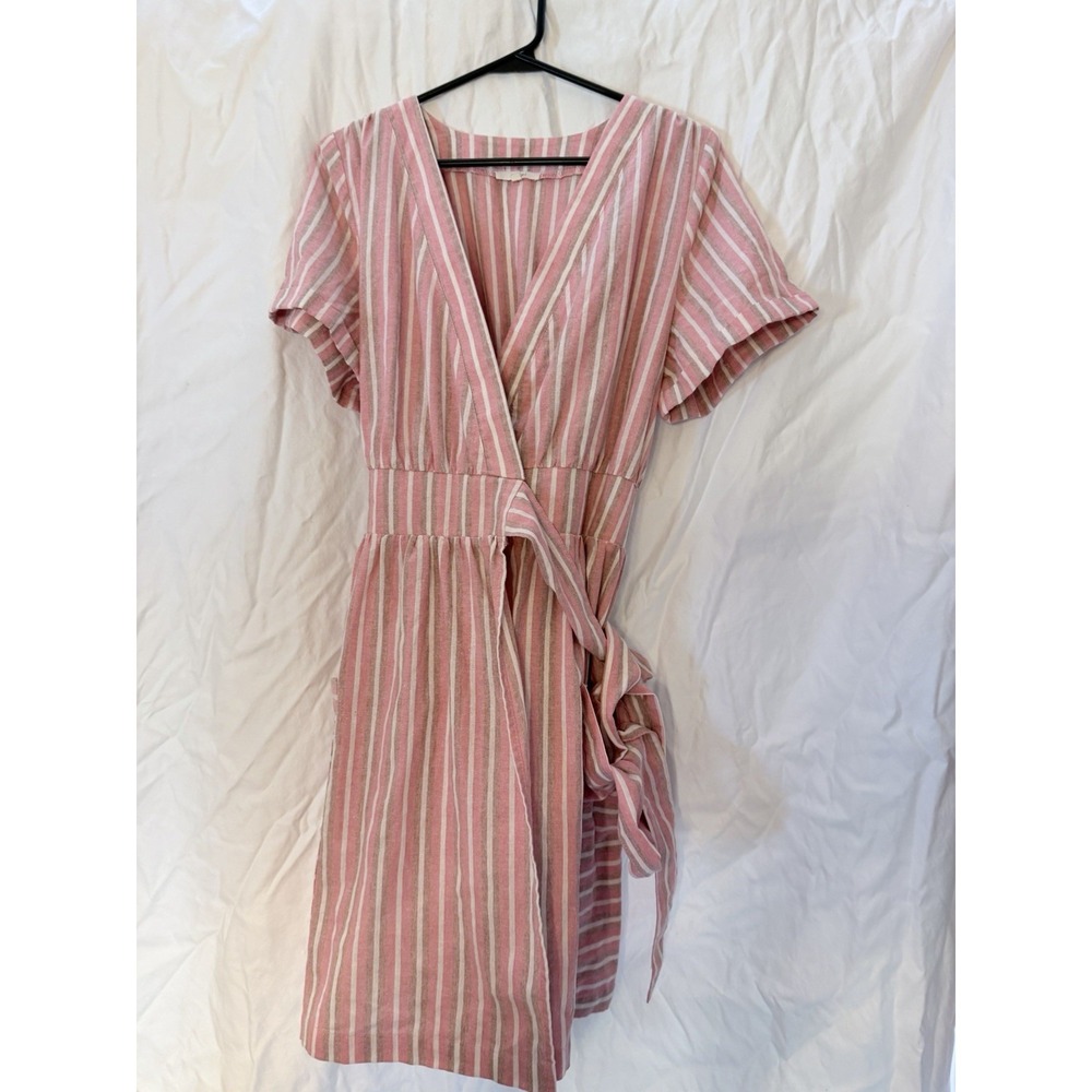 Easel pink stripe wrap dress Small pockets cotton Endless summer Linen look